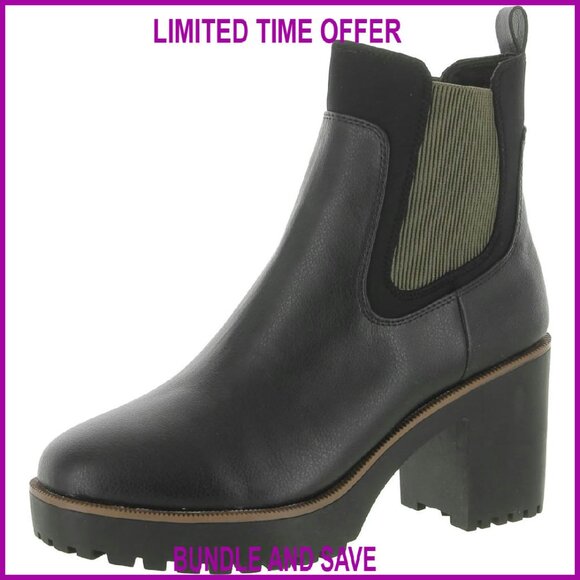 Platform Ankle Boots with Lug Sole, Stretch Gore, Pull Tab, Size 7
